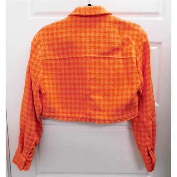 Zara Orange Houndstooth‎ Check Fringe Accent Short Blazer Jacket sz XS - Picture 3 of 4